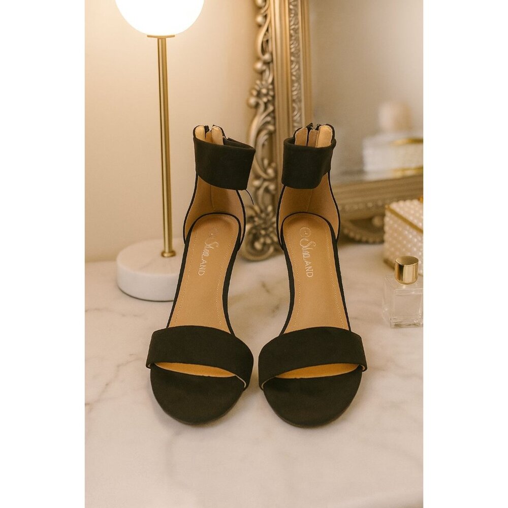 Shoeland Ankle Strap Heels 7  Black Suede Classic Open Toe Block Heel Sandals